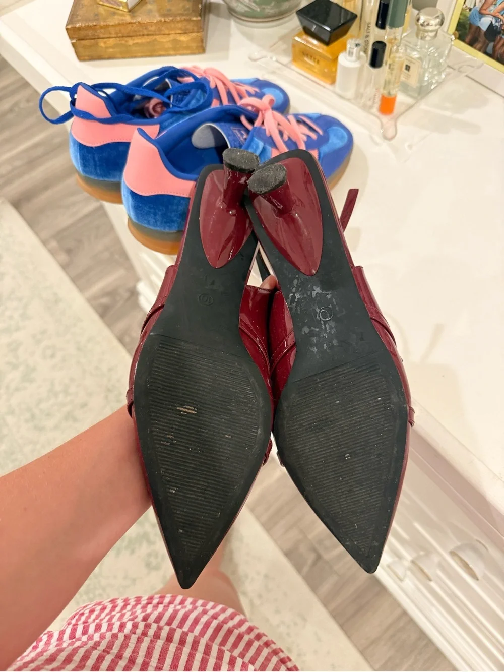 Women's Burgundy Patent Slingback Pointed-Toe Heels